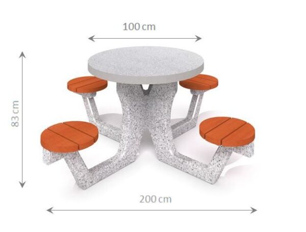 Бетонна маса за пикник с кръгли седалки 03 IPKT-02-CR-013- размери