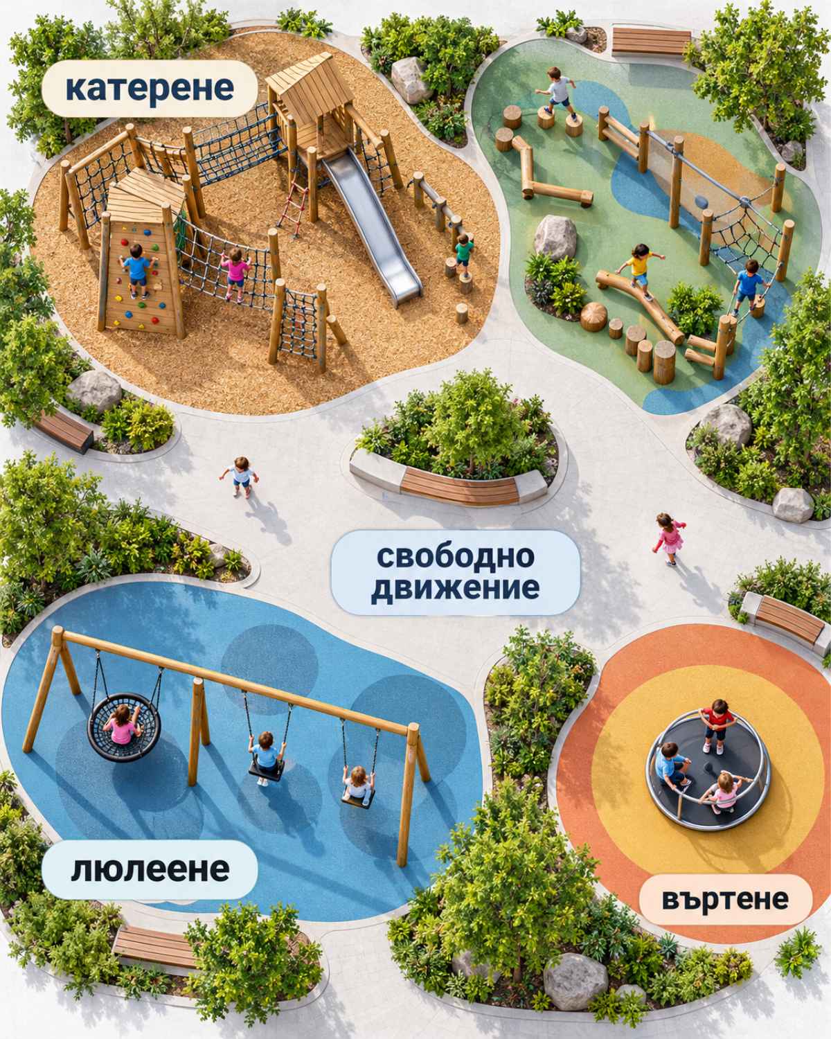 детска площадка зони катерене люлеене въртене свободно движение